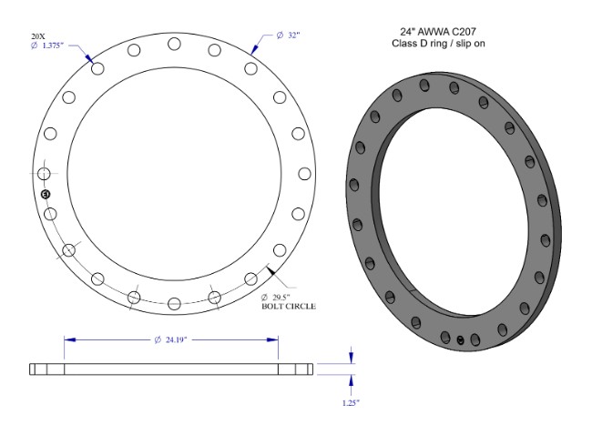 24 inch AWWA C207 Class D ring / slip on flange dimensional drawing